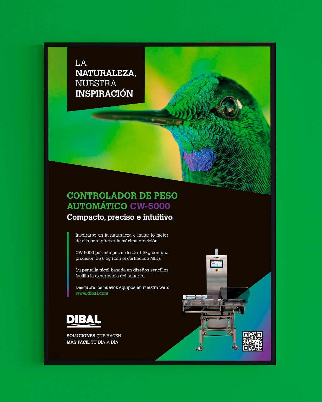 Gráficas y publicidad - Dibal. Línea gráfica naturaleza y aplicación a anuncio colibrí